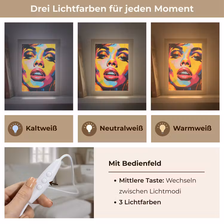 Vrouw - Gezicht - Kleurrijk Light Box met kabel (Tafellamp) klein -USP_lichtkleurDE