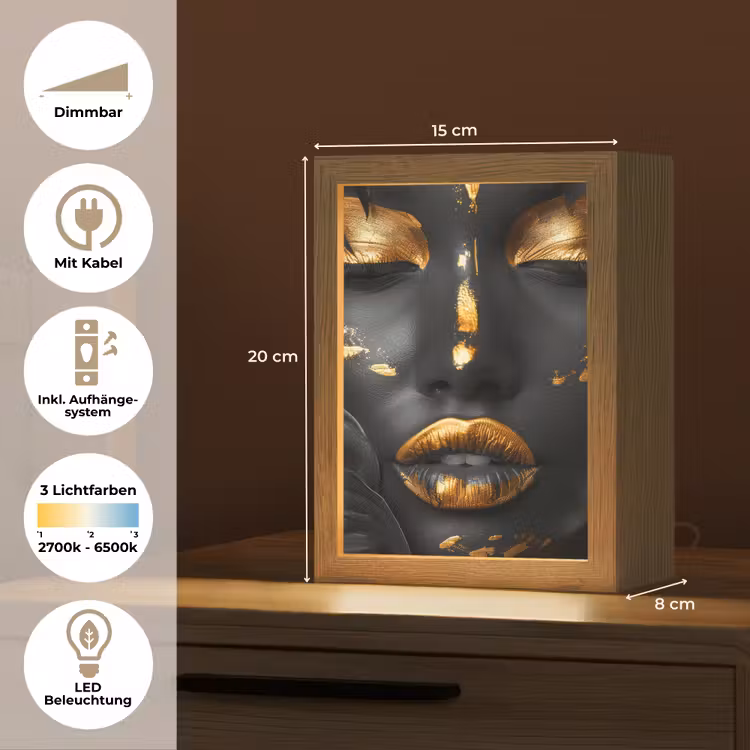 Vrouw - Goud - Natuur - Portret - Modern Light Box met kabel (Tafellamp) klein -USP_DE