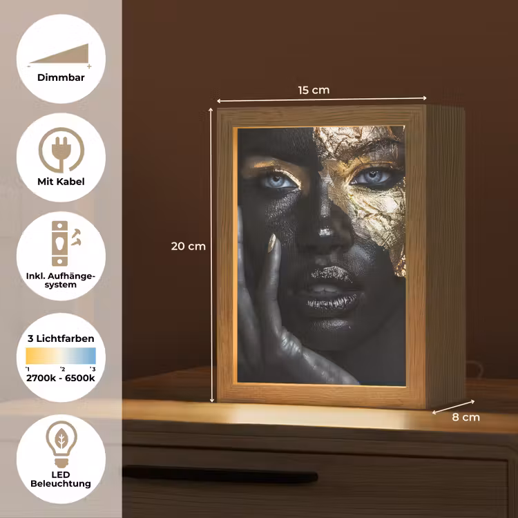 Vrouw - Goud - Portret - Modern - Zwart - Abstract Light Box met kabel (Tafellamp) klein -USP_DE