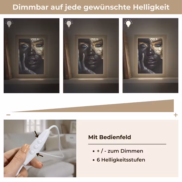 Vrouw - Goud - Portret - Modern - Zwart - Abstract Light Box met kabel (Tafellamp) klein -USP_dimbaarDE