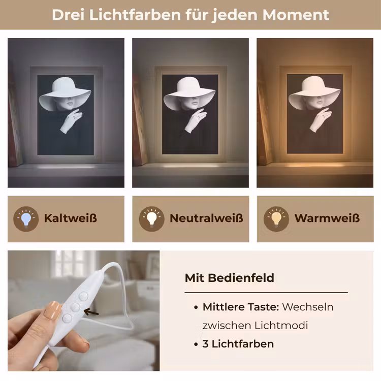 Vrouw - Hoed - Hand - Zwart - Wit - Klassiek Light Box met kabel (Tafellamp) klein -USP_lichtkleurDE