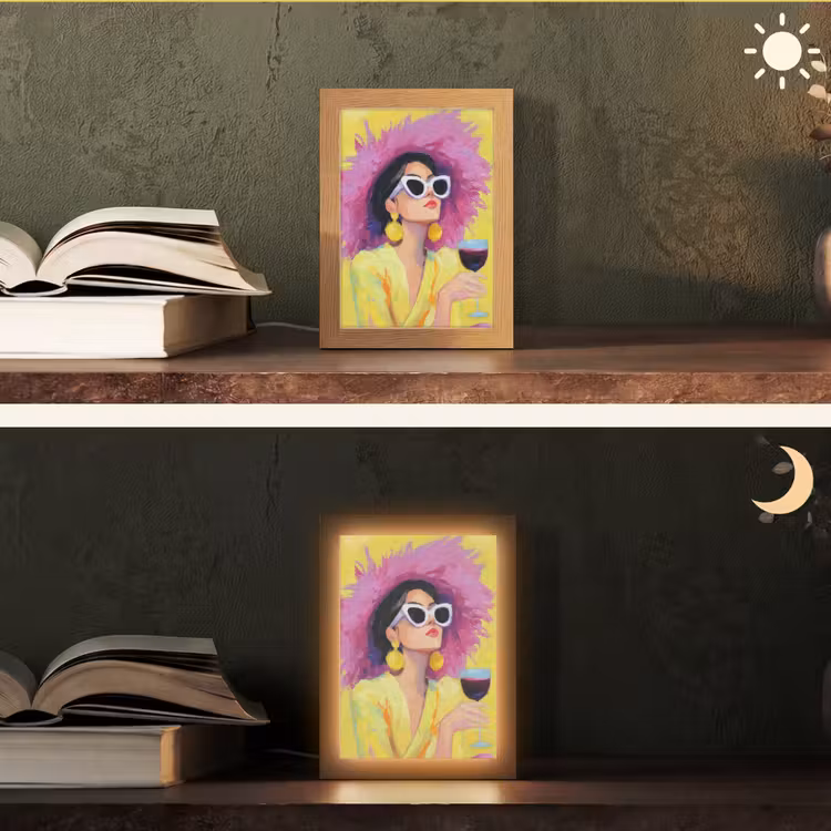 Vrouw - Hoed - Paars - Wijn Light Box met kabel (Tafellamp) klein -sfeer3