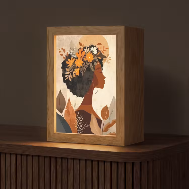 Vrouw - Krullen - Bloemen - Beige Light Box met kabel (Tafellamp) klein -z3d_website
