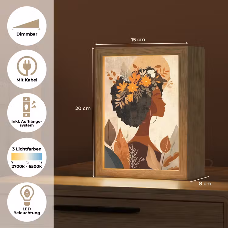 Vrouw - Krullen - Bloemen - Beige Light Box met kabel (Tafellamp) klein -USP_DE