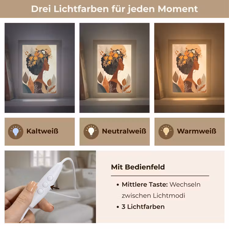 Vrouw - Krullen - Bloemen - Beige Light Box met kabel (Tafellamp) klein -USP_lichtkleurDE