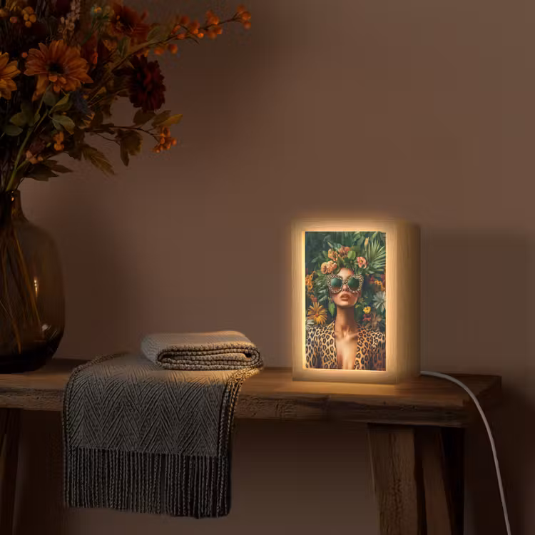 Vrouw - Panterprint - Jungle - Natuur - Luxe Light Box met kabel (Tafellamp) klein -sfeer4