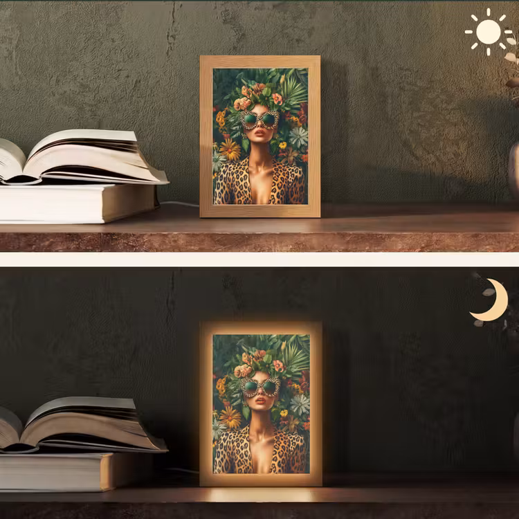 Vrouw - Panterprint - Jungle - Natuur - Luxe Light Box met kabel (Tafellamp) klein -sfeer3