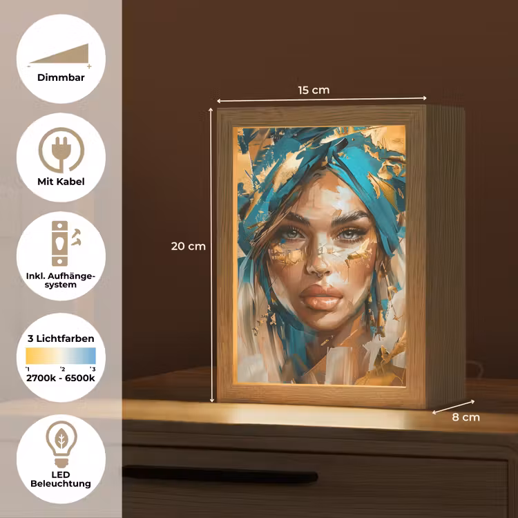 Vrouw - Portret - Goud - Luxe - Blauw Light Box met kabel (Tafellamp) klein -USP_DE