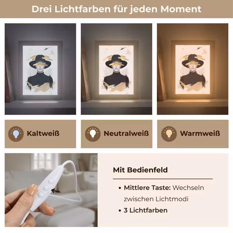 Vrouw - Portret - Modern - Goud - Kunst Light Box met kabel (Tafellamp) klein -USP_lichtkleurDE