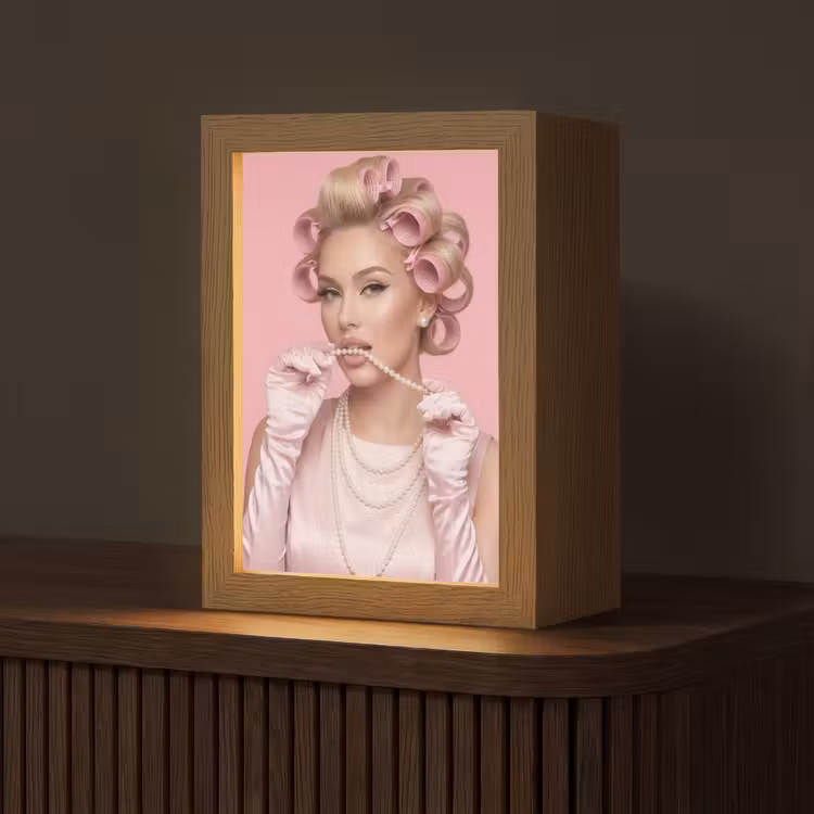 Vrouw - Roze - Parelketting - Krulspelden Light Box met kabel (Tafellamp) klein -z3d_website