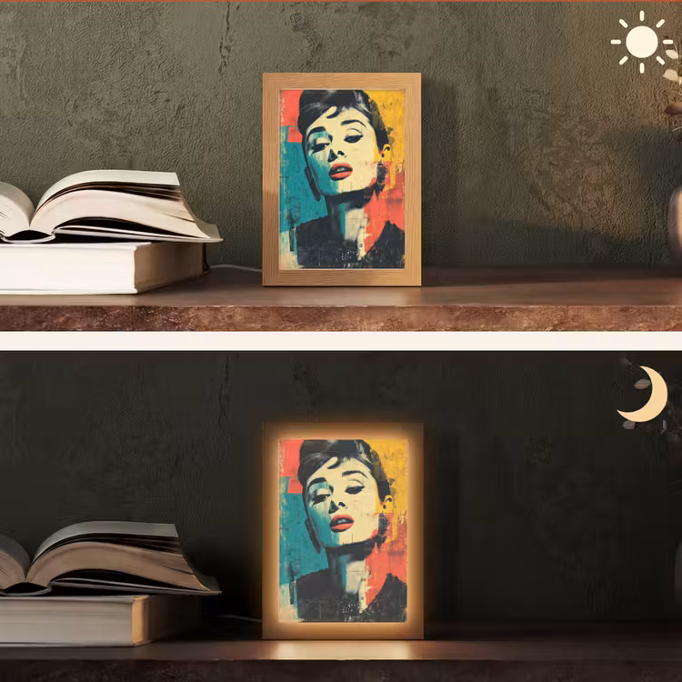 Vrouw - Rode lippen - Expressief - Grafisch Light Box met kabel (Tafellamp) klein -sfeer3