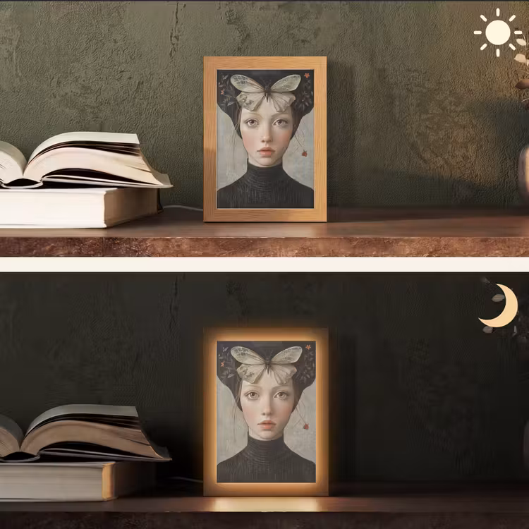 Woman - Butterfly - Art - Classic - Muted Light Box met kabel (Tafellamp) klein -sfeer3