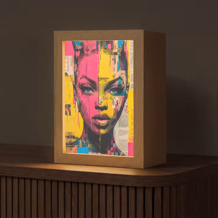 Vrouwengezicht - Krantenpapier - Abstract - Roze Light Box met kabel (Tafellamp) klein -z3d_website