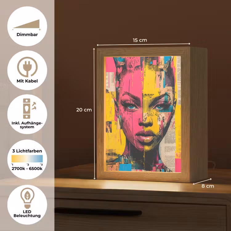 Vrouwengezicht - Krantenpapier - Abstract - Roze Light Box met kabel (Tafellamp) klein -USP_DE