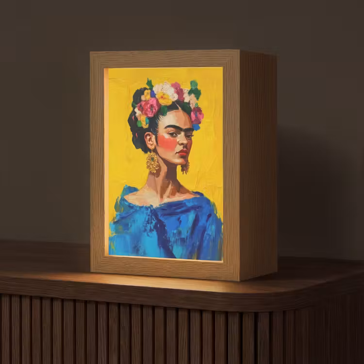 Frida Kahlo - Vrouw - Geel - Blauw - Bloemen Light Box met kabel (Tafellamp) klein -z3d_website