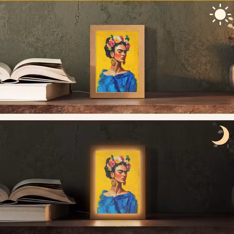 Frida Kahlo - Vrouw - Geel - Blauw - Bloemen Light Box met kabel (Tafellamp) klein -sfeer3