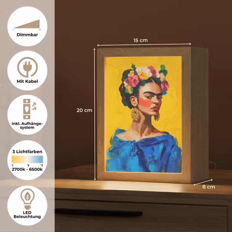 Frida Kahlo - Vrouw - Geel - Blauw - Bloemen Light Box met kabel (Tafellamp) klein -USP_DE