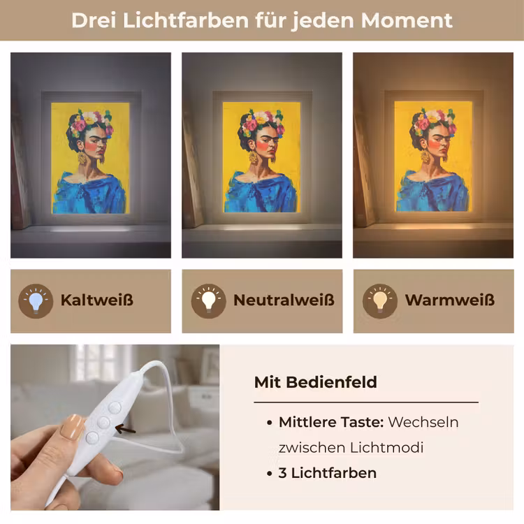 Frida Kahlo - Vrouw - Geel - Blauw - Bloemen Light Box met kabel (Tafellamp) klein -USP_lichtkleurDE