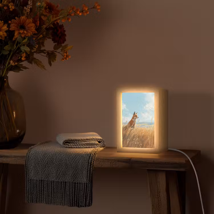Vos - Gras - Wolken - Oranje Light Box met kabel (Tafellamp) klein -sfeer4