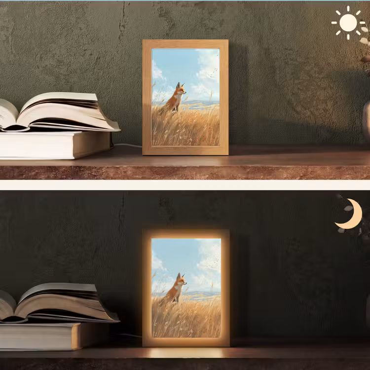 Vos - Gras - Wolken - Oranje Light Box met kabel (Tafellamp) klein -sfeer3