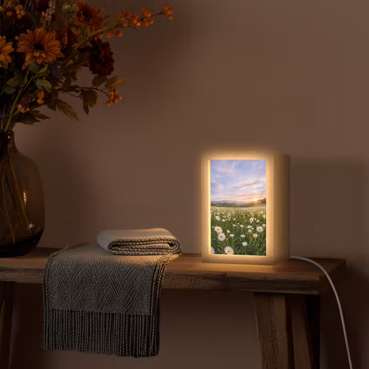 Madelief - Veld - Heuvels - Groen Light Box met kabel (Tafellamp) klein -sfeer4