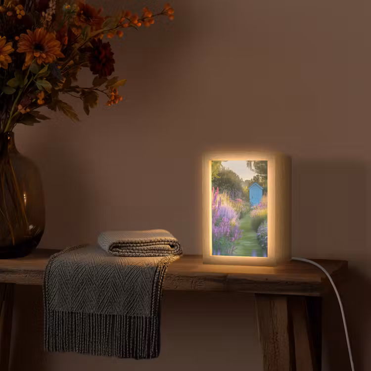 Tuinhuisje - Blauw - Bloemen Light Box met kabel (Tafellamp) klein -sfeer4