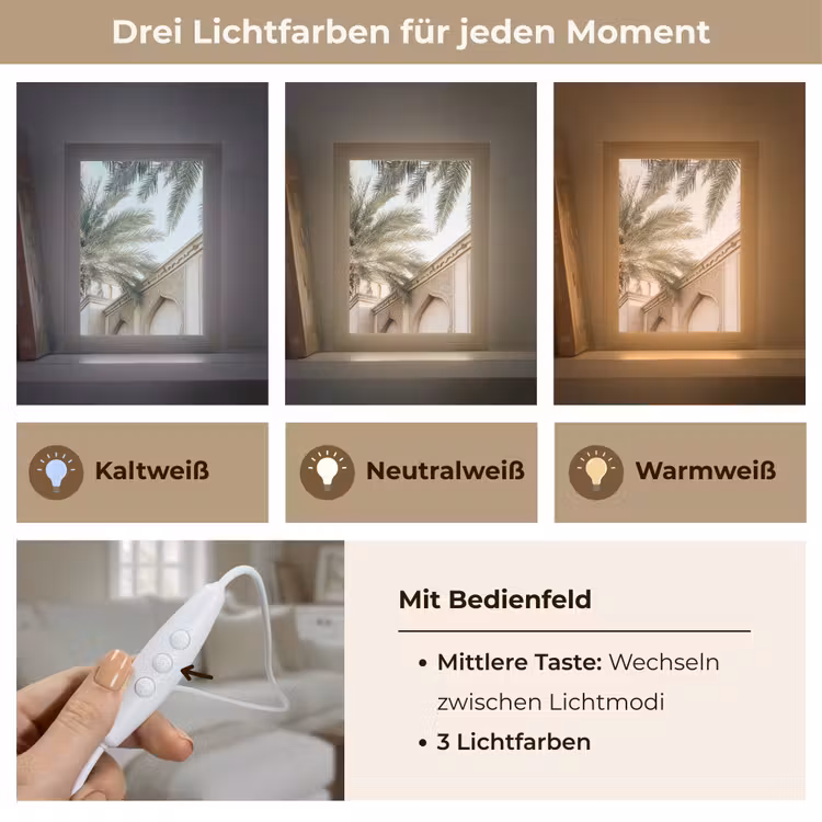 Gebouw - Palmbomen - Beige - Zon Light Box met kabel (Tafellamp) klein -USP_lichtkleurDE