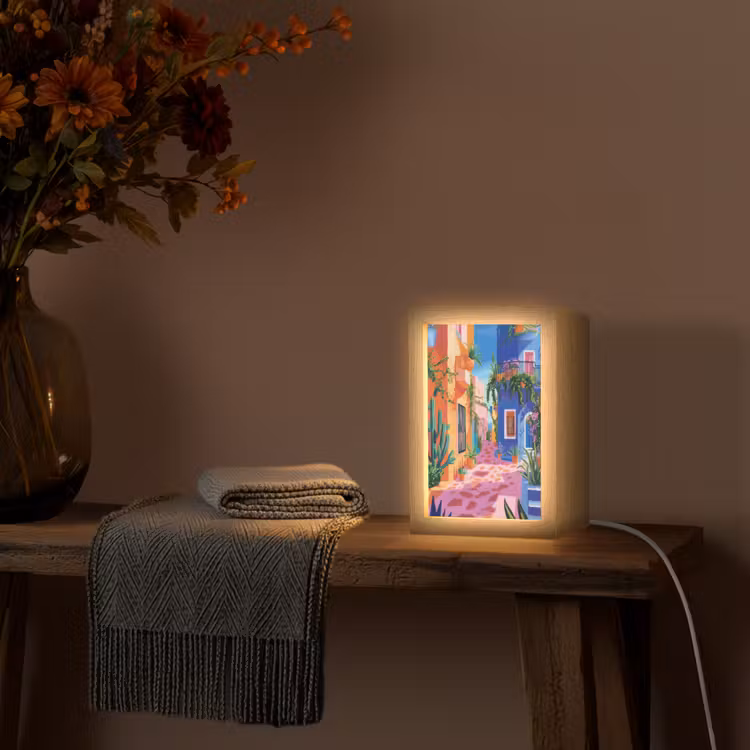 Geel - Blauw - Oranje - Huis Light Box met kabel (Tafellamp) klein -sfeer4