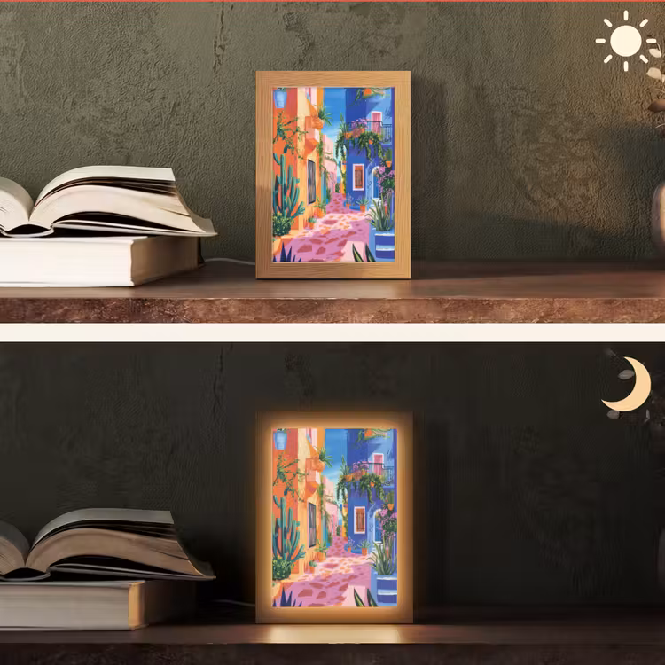 Geel - Blauw - Oranje - Huis Light Box met kabel (Tafellamp) klein -sfeer3