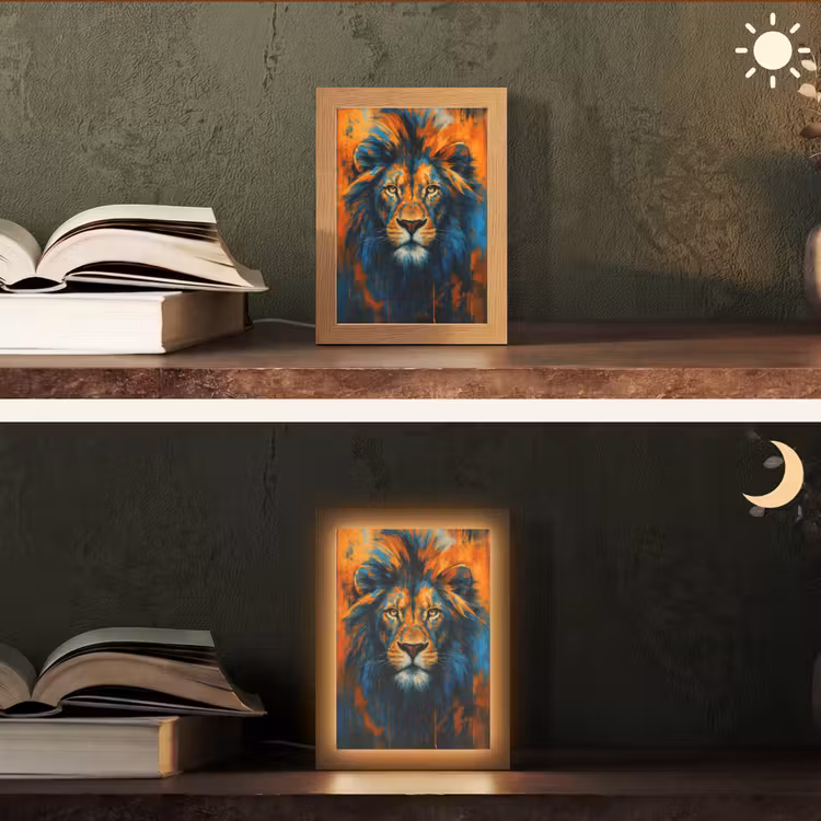 Schilderij - Leeuwenkop - Oranje Light Box met kabel (Tafellamp) klein -sfeer3
