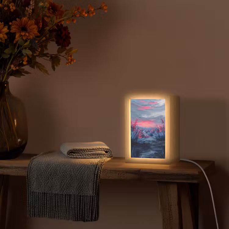 Schilderij - Zonsondergang - Bloemen - Rivier Light Box met kabel (Tafellamp) klein -sfeer4