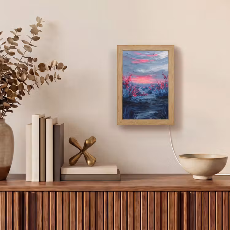 Schilderij - Zonsondergang - Bloemen - Rivier Light Box met kabel (Tafellamp) klein -sfeer2