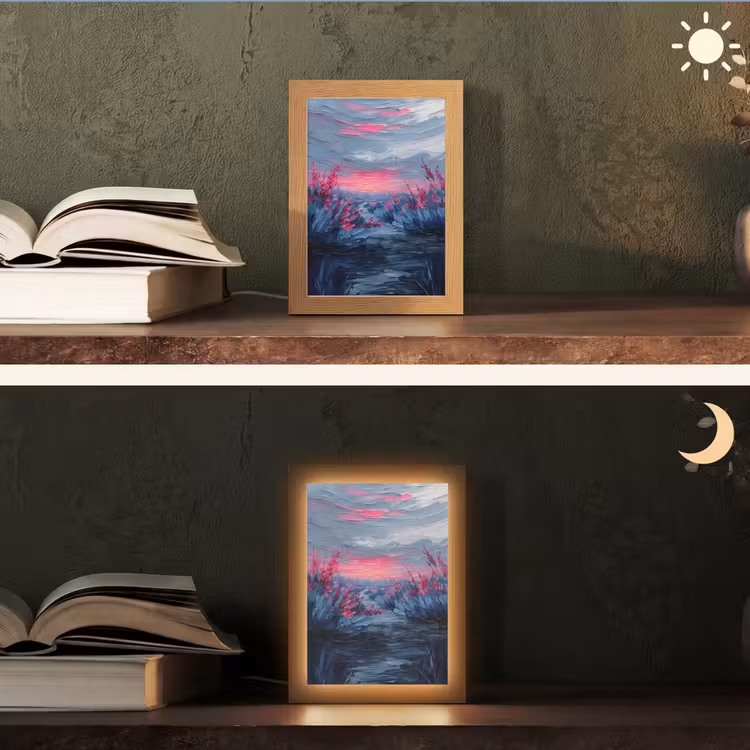 Schilderij - Zonsondergang - Bloemen - Rivier Light Box met kabel (Tafellamp) klein -sfeer3