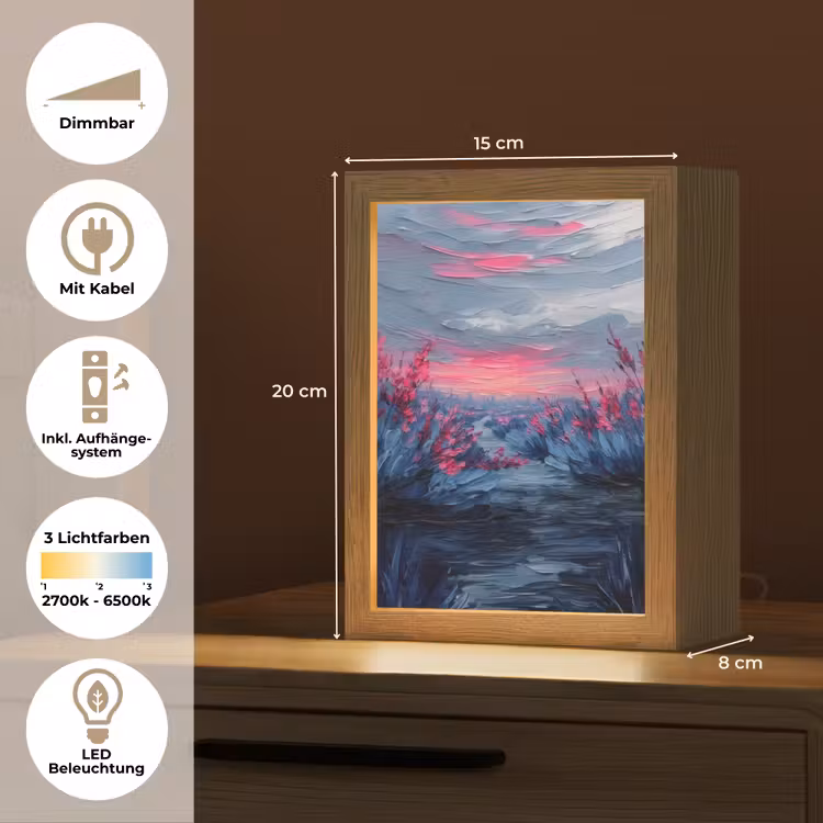 Schilderij - Zonsondergang - Bloemen - Rivier Light Box met kabel (Tafellamp) klein -USP_DE