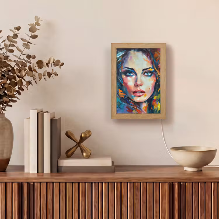 Gezicht - Vrouw - Olieverf - Kleurrijk - Kunst Light Box met kabel (Tafellamp) klein -sfeer2