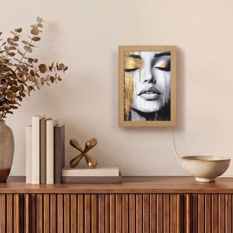 Gezicht - Vrouw - Penseelstreken - Abstract Light Box met kabel (Tafellamp) klein -sfeer2