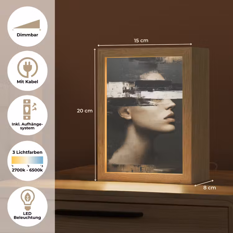 Gezicht - Vrouw - Zwart - Abstract Light Box met kabel (Tafellamp) klein -USP_DE