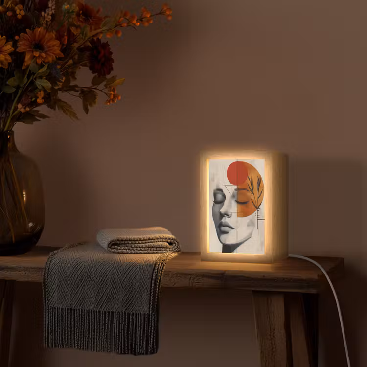 Gezicht - Cirkels - Kunst - Modern Light Box met kabel (Tafellamp) klein -sfeer4