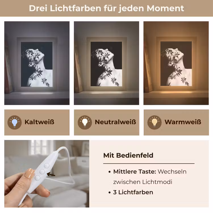 Gezicht - Schaduw - Bladeren - Zwart - Wit - Intiem Light Box met kabel (Tafellamp) klein -USP_lichtkleurDE