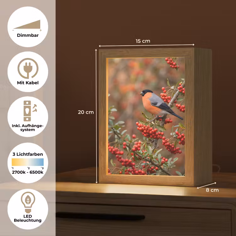 Goudvink - Bessen - Herfst - Natuur - Kleurrijk Light Box met kabel (Tafellamp) klein -USP_DE