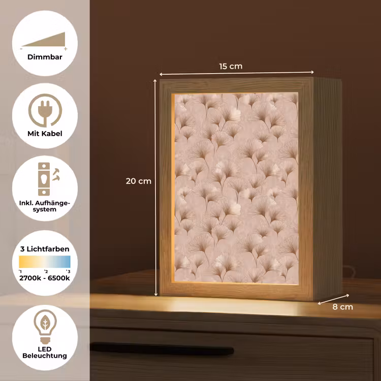 Ginkgo - Patroon - Roze Light Box met kabel (Tafellamp) klein 925 -USP_DE