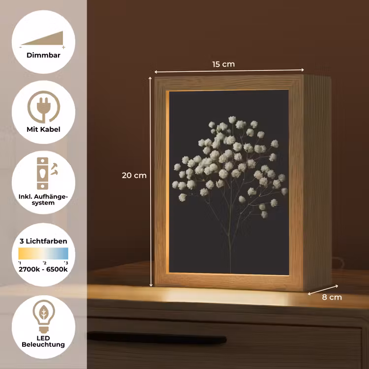 Gipskruid - Bloemetjes - Wit - Minimalistisch Light Box met kabel (Tafellamp) klein -USP_DE