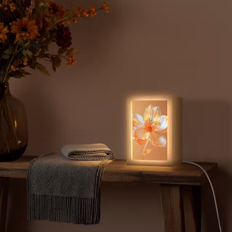 Glazen - Bloem - Oranje Light Box met kabel (Tafellamp) klein -sfeer4