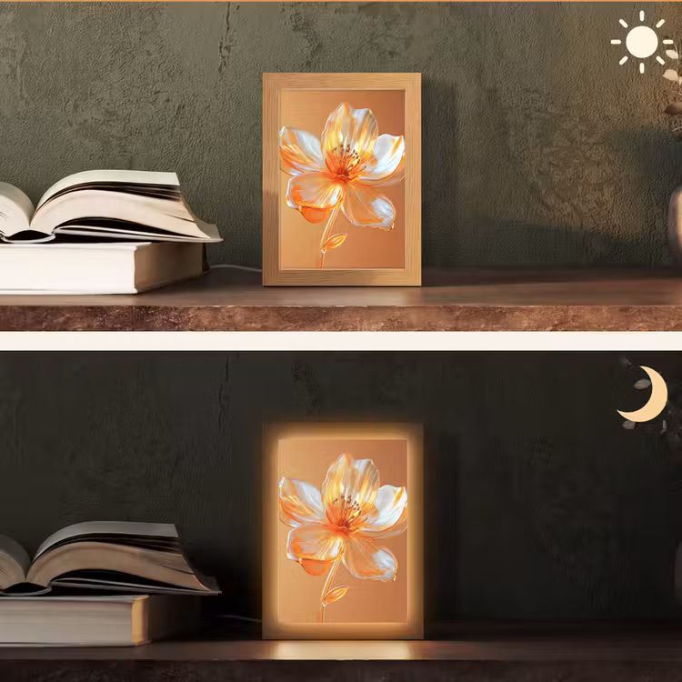 Glazen - Bloem - Oranje Light Box met kabel (Tafellamp) klein -sfeer3