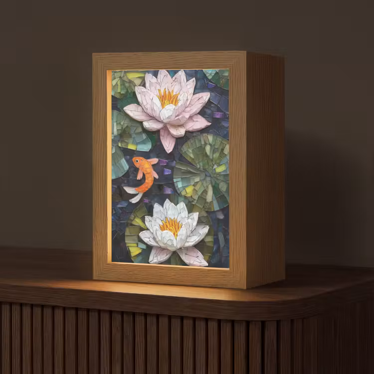 Glasstukjes - Leliebladeren - Vis - Oranje Light Box met kabel (Tafellamp) klein -z3d_website