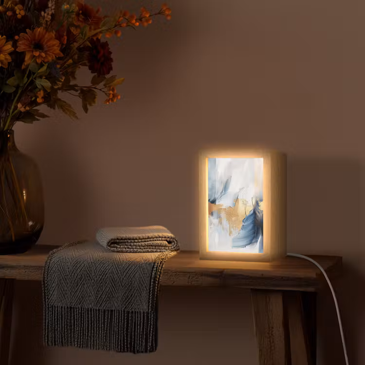 Goud - Blauw - Verf - Kunst - Modern Light Box met kabel (Tafellamp) klein -sfeer4