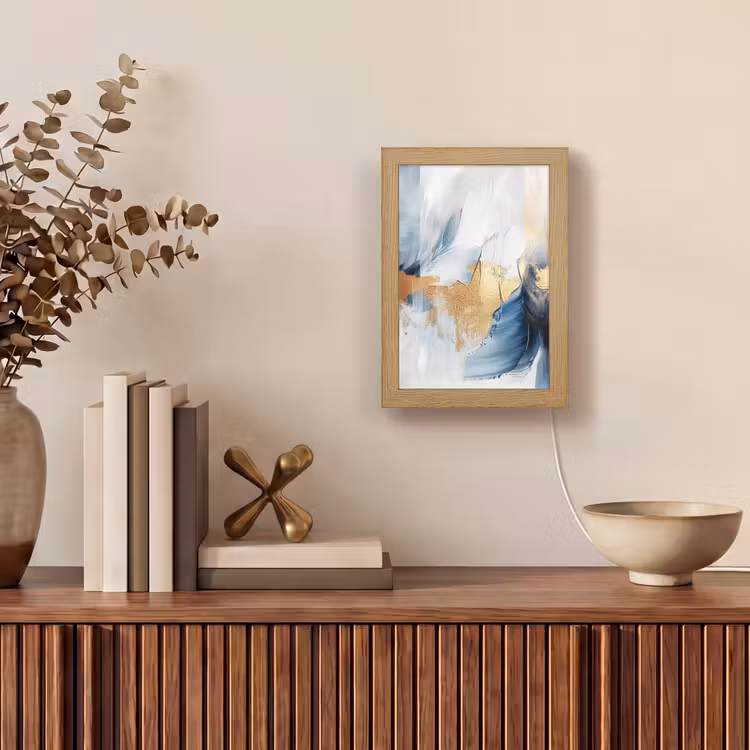Goud - Blauw - Verf - Kunst - Modern Light Box met kabel (Tafellamp) klein -sfeer2