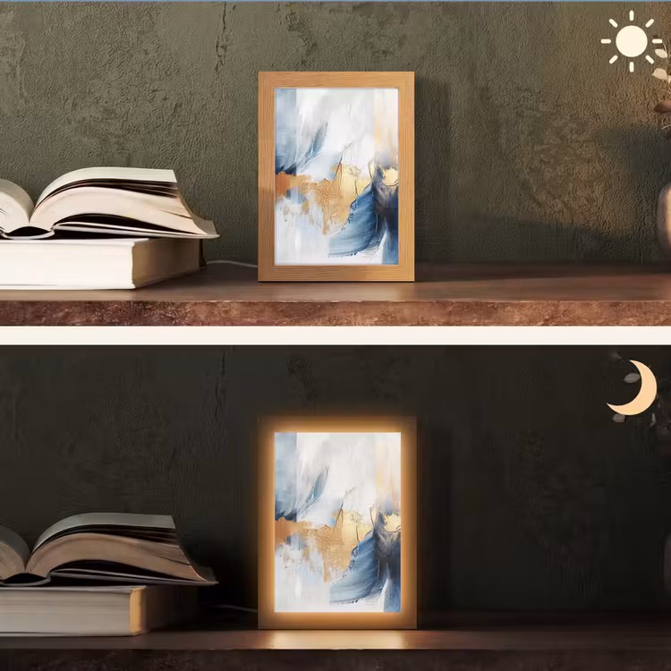 Goud - Blauw - Verf - Kunst - Modern Light Box met kabel (Tafellamp) klein -sfeer3