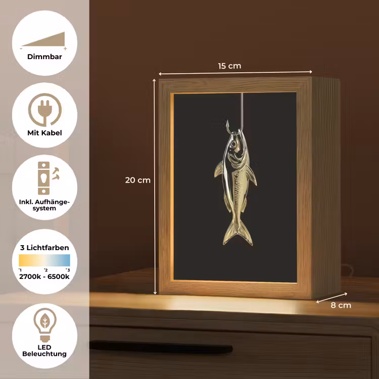 Goud - Vis - Haak - Zwart Light Box met kabel (Tafellamp) klein -USP_DE