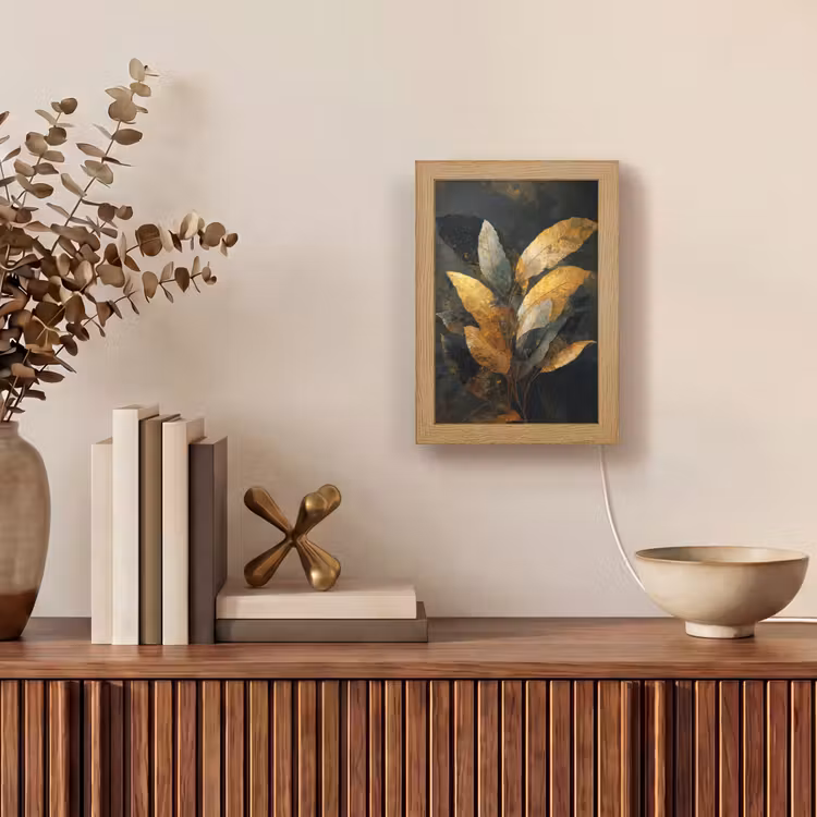 Gouden Bladcompositie – Botanische Luxe Light Box met kabel (Tafellamp) klein -sfeer2